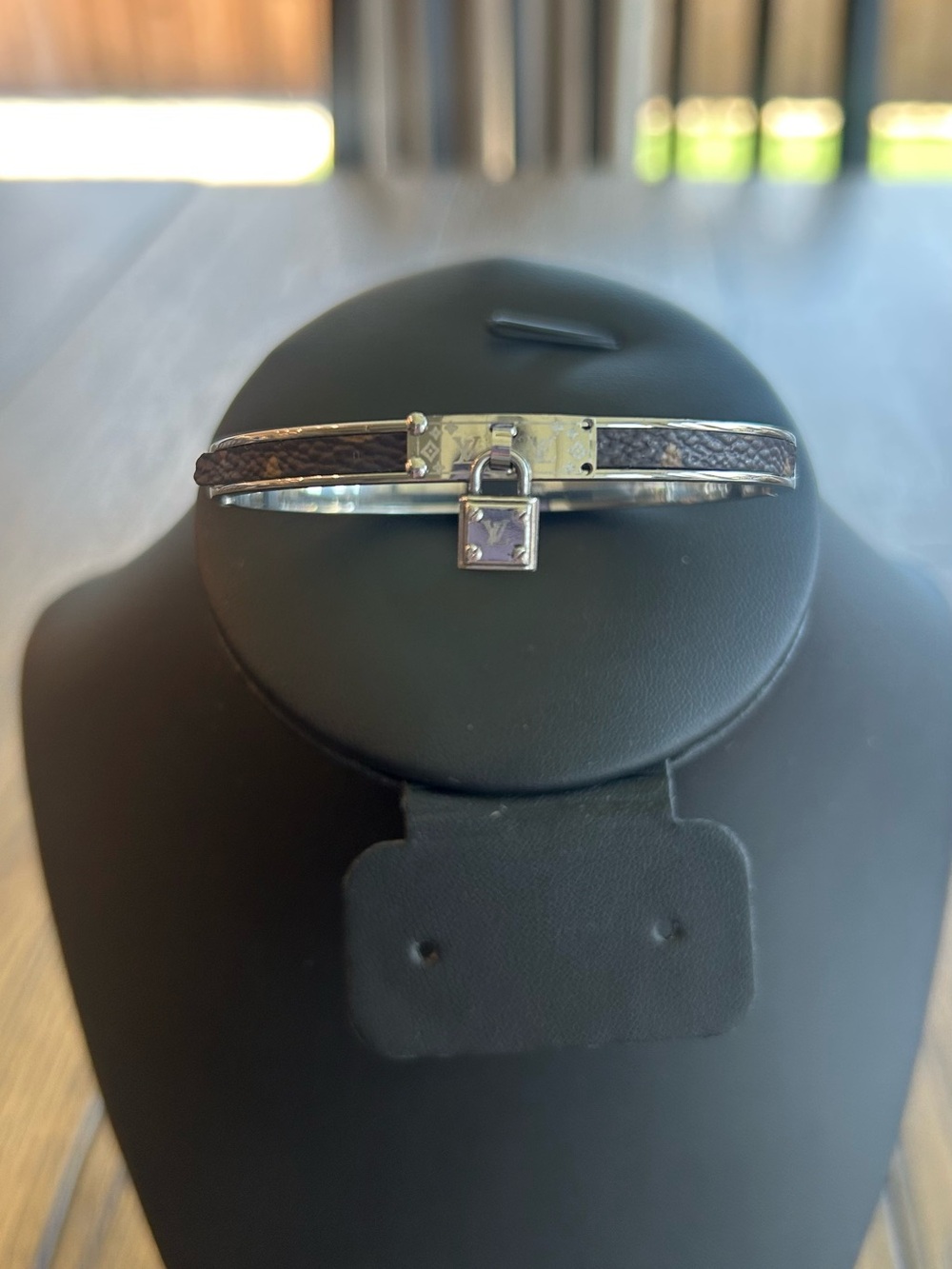 Silver Tone Bangle Bracelet with Brown Leather Strap & Padlock Charm